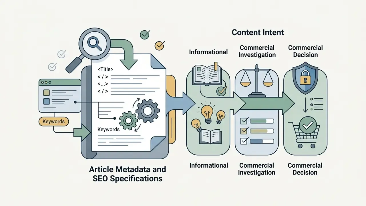 Document metadata processing flow leading to informational, investigation, and commercial decision stages