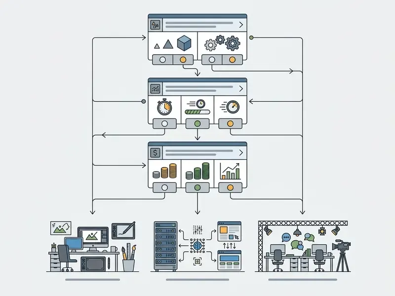 Decision tree with three tiers of criteria leading to internal, AI, or studio production options