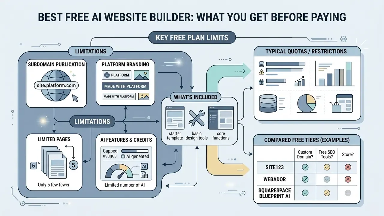 Infographic detailing free plan limitations like branding, page caps, and feature quotas for AI website builders
