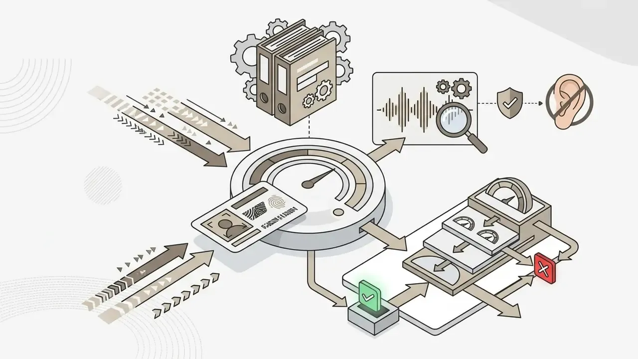 Central gauge processing identity documents and audio analysis to determine authentication outcomes
