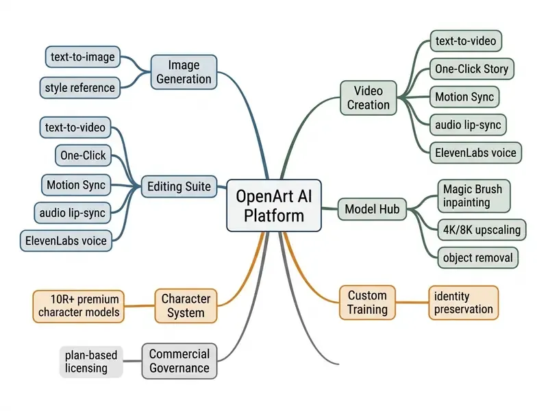 Mind map detailing the OpenArt AI platform features including image generation, video tools, and training