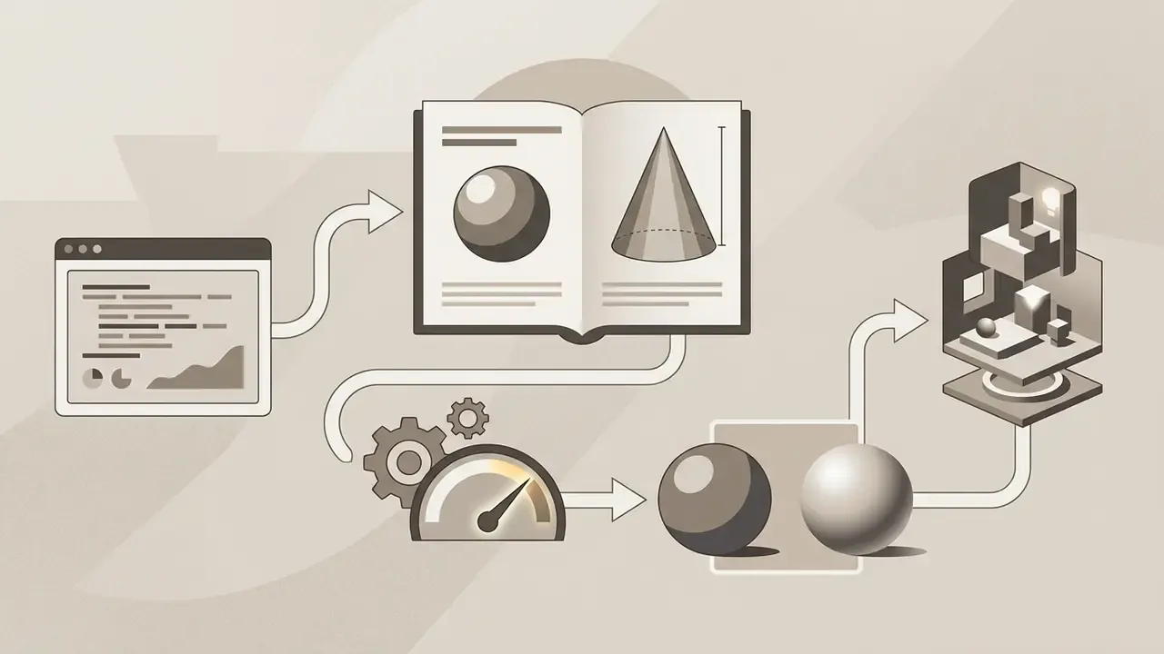 Software interface data feeding into a geometry book, a speed gauge, and a 3D rendering workspace