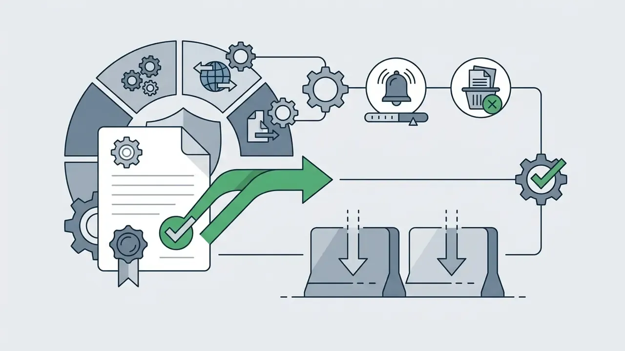 Contract document with a checkmark feeding into icons for breach alerts and data deletion protocols