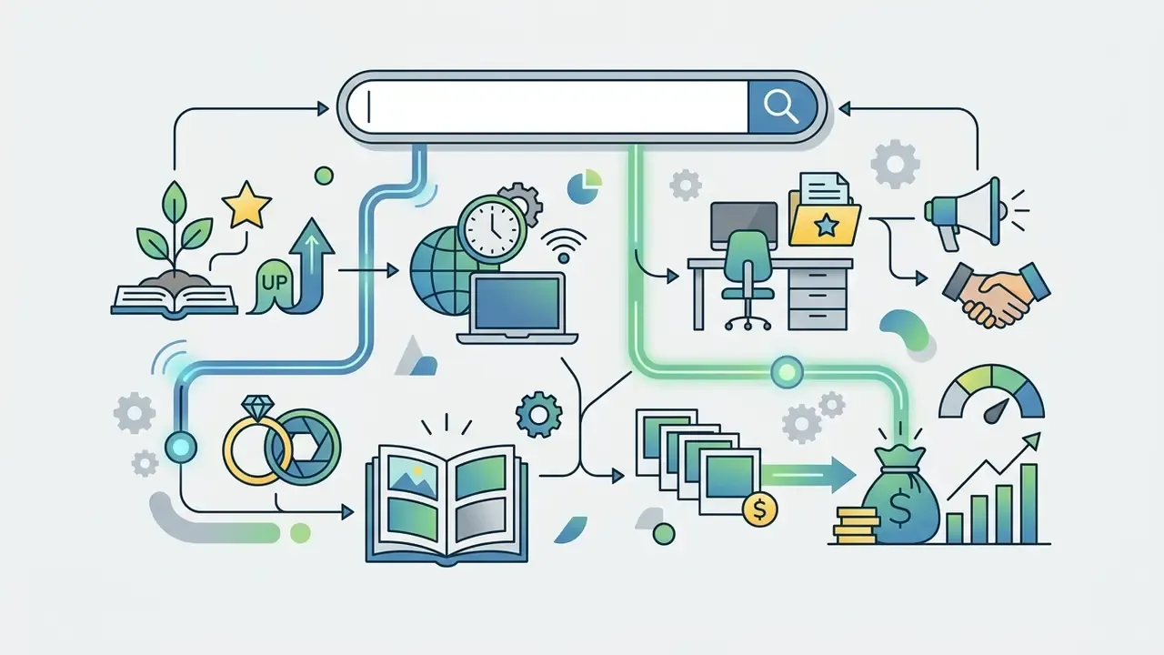 Search bar connected to icons of professional development, remote work, creative projects, and income growth