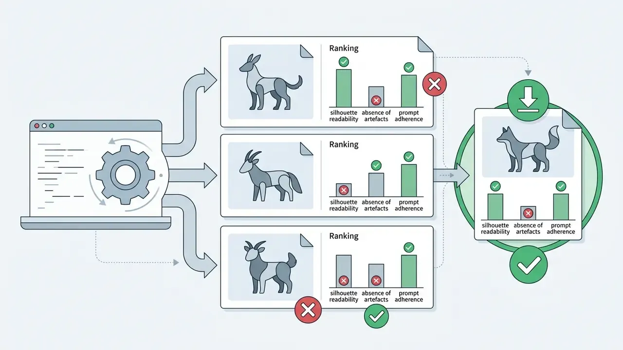 Laptop generating animal hybrid candidates evaluated by silhouette, artefacts, and prompt adherence
