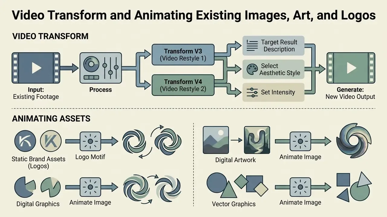 Workflow diagram showing how to transform video footage and animate static assets like logos and graphics