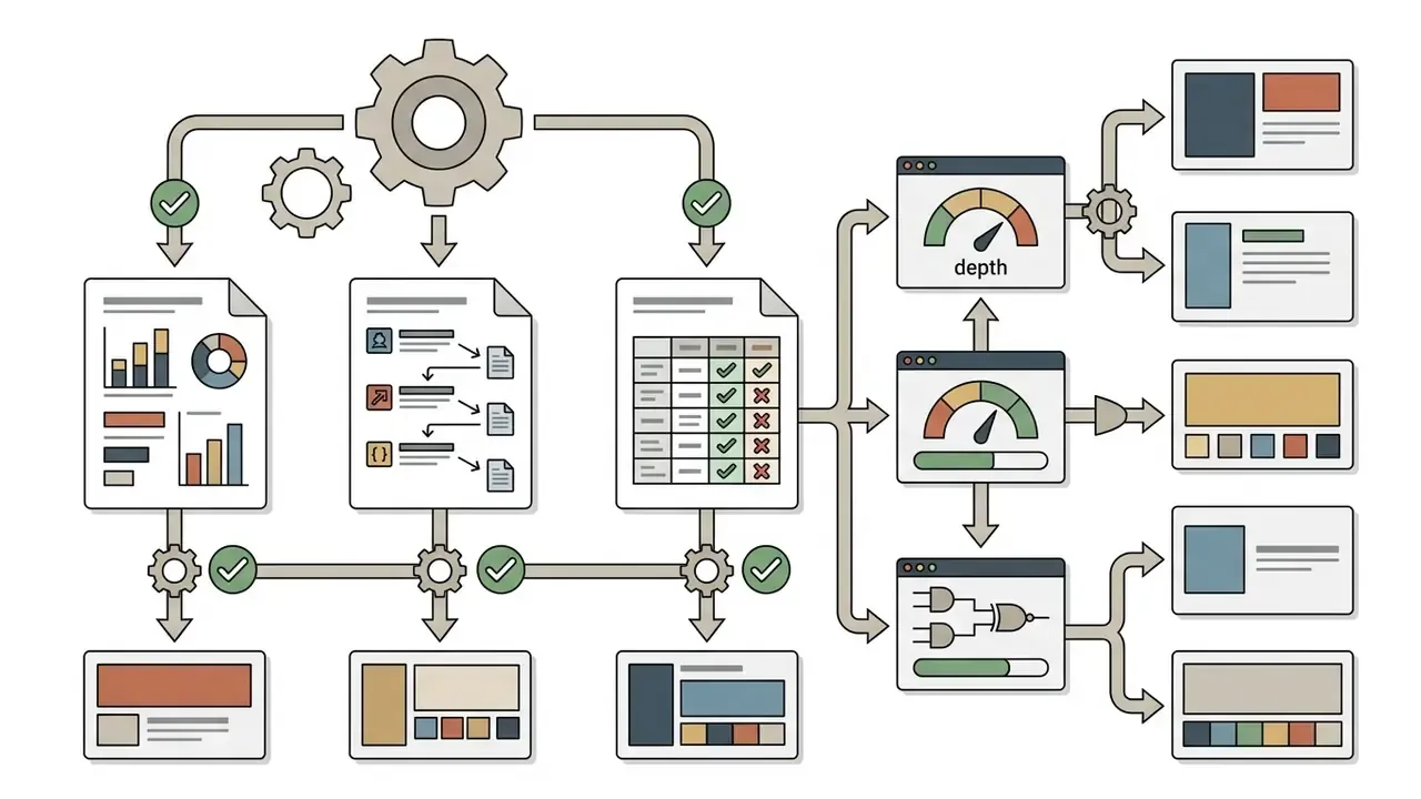 Visual representation of document processing steps leading to research depth and slide layout outputs