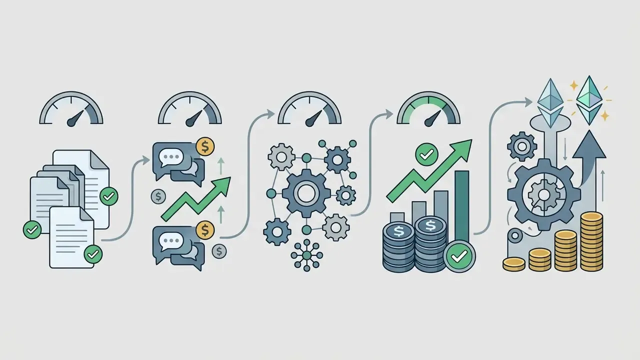 Sequence of steps showing document processing through communication and gears to financial growth and crypto
