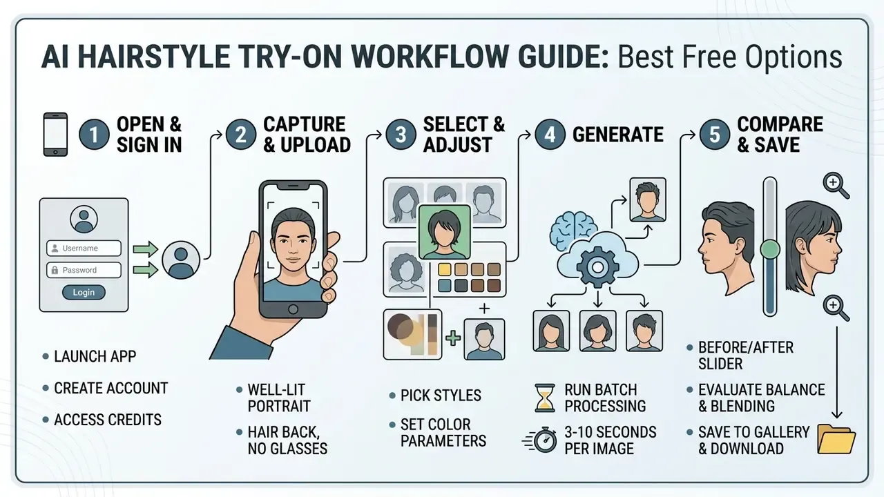 Five-step process for virtual hairstyle generation from account login to final image comparison