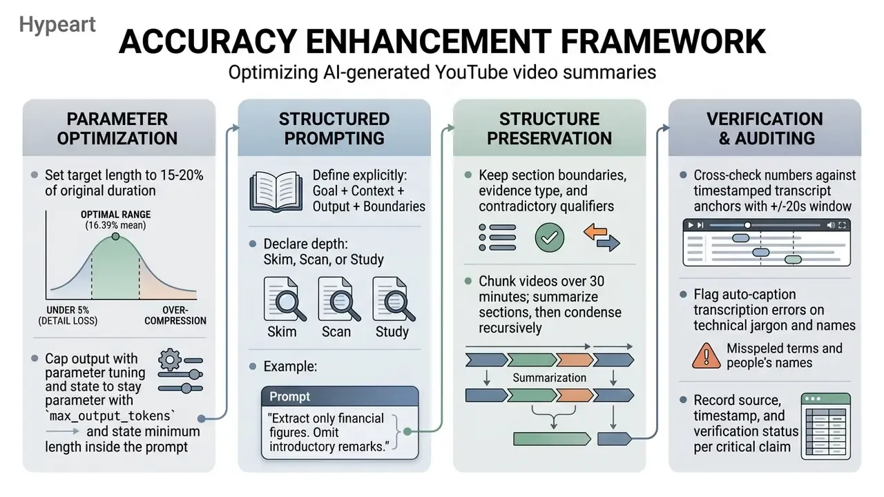 Four-step process chart detailing methods for optimizing and verifying automated video content summaries