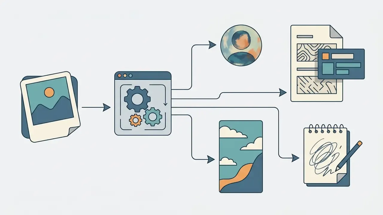 Diagram showing a photo being processed by an AI tool into avatars, documents, wallpapers, and sketches
