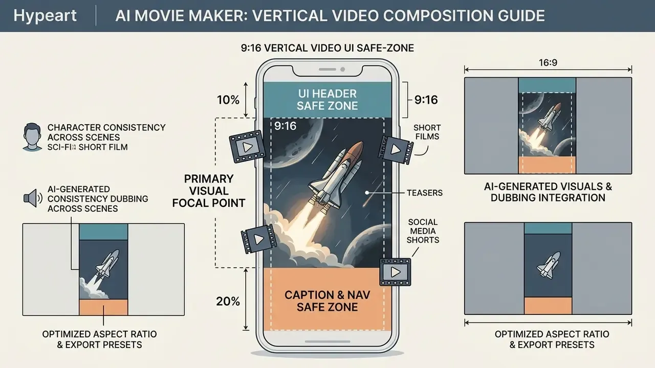 Layout guide for vertical video composition showing safe zones for UI headers and navigation elements