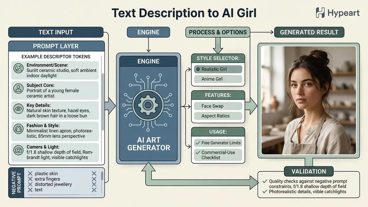 Workflow diagram showing how text prompts generate a photorealistic portrait of an ai art cute girl