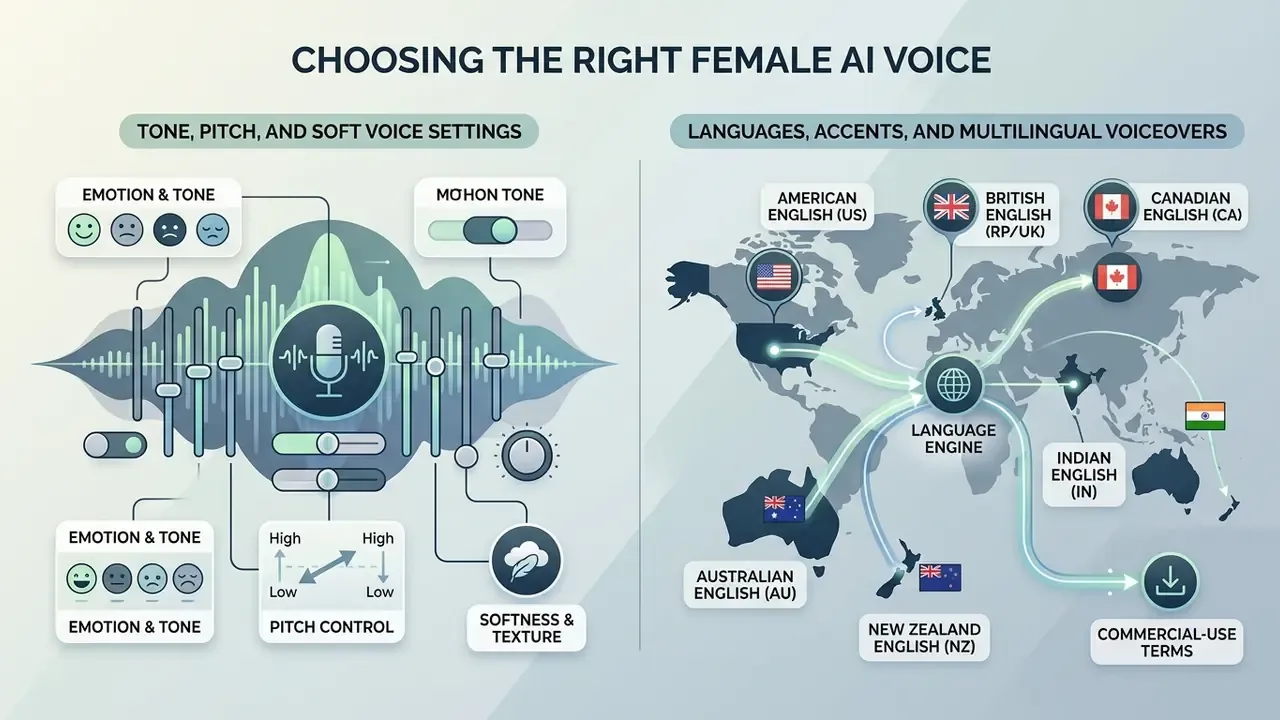 Infographic comparing voice tone settings and global accent options for an AI female voice generator