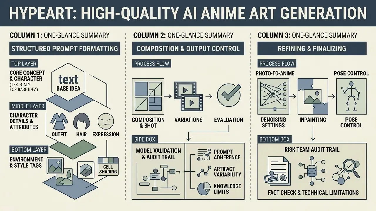 Three-column guide detailing prompt formatting, output control, and final audit steps for digital art