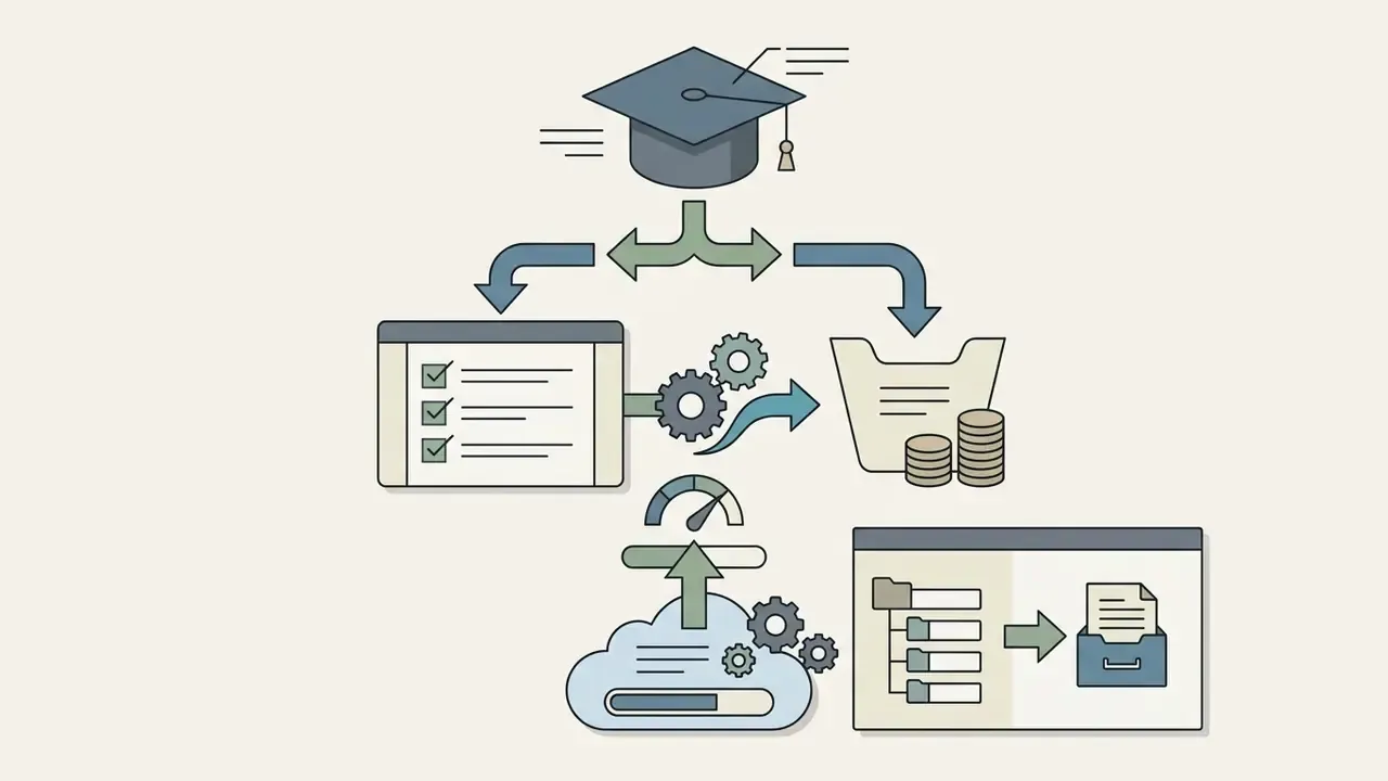 Academic cap icon branching into quiz, cost, cloud processing, and file management system icons
