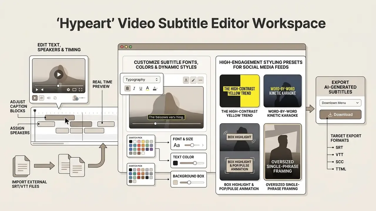 Interface showing tools for editing text, styling fonts, and exporting captions for social media