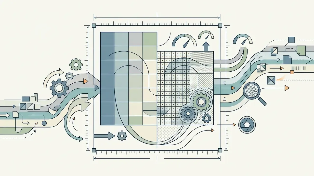 Data streams flowing through a grid and gear system to produce refined output icons