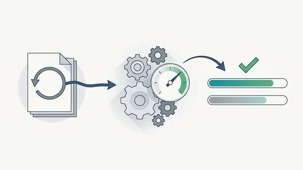Stack of papers with a refresh icon moving through gears and a speedometer to reach a completed status bar