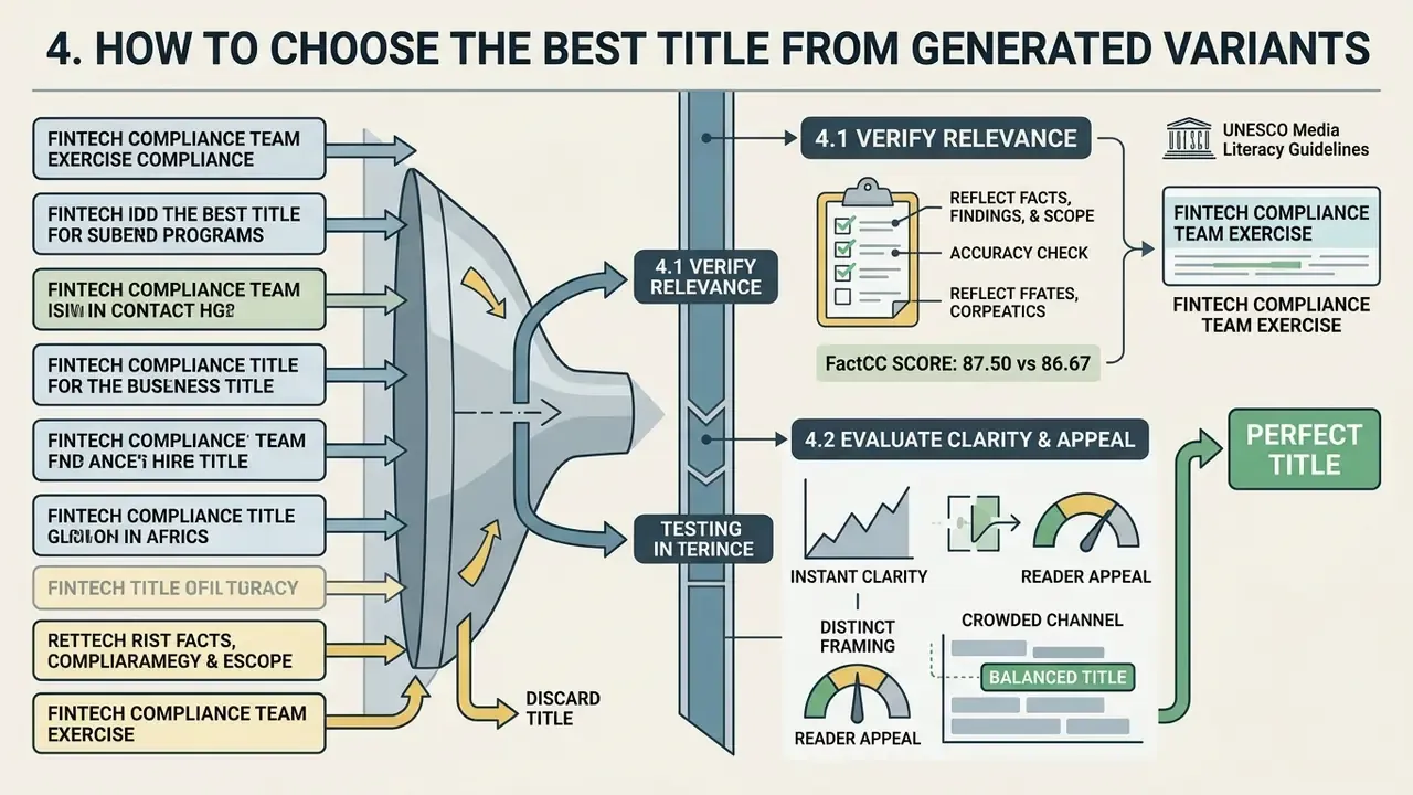 Funnel diagram showing title variants being filtered through relevance checks and clarity evaluations