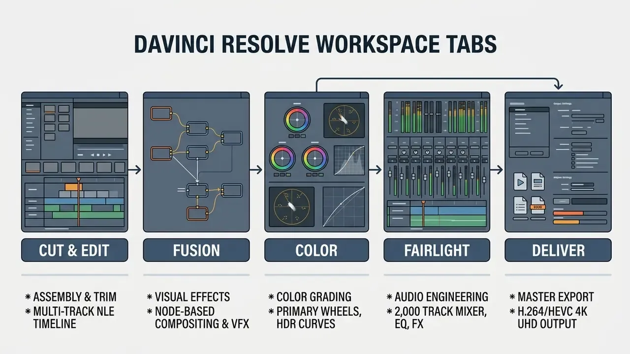 Diagram showing the sequential workflow of DaVinci Resolve workspace tabs from editing to final export