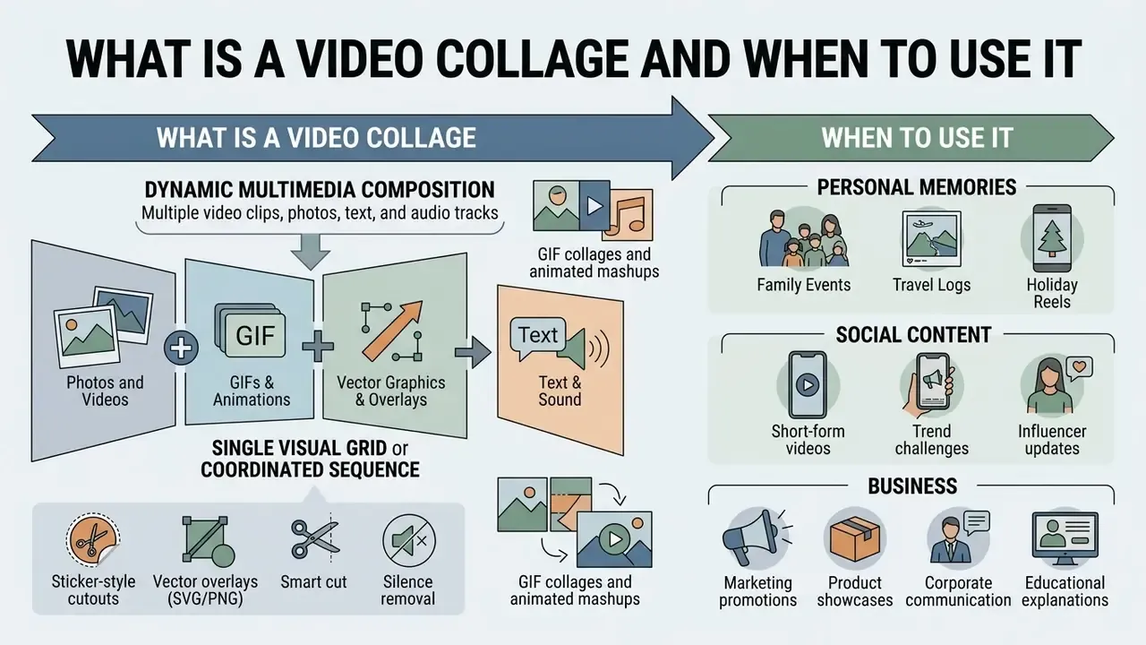 Infographic explaining how multimedia elements combine into a video collage for personal and business use