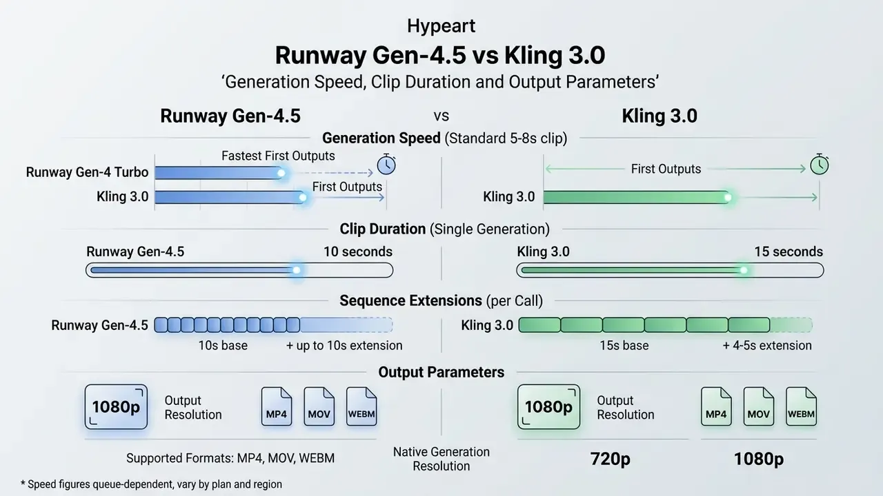 Comparison chart of Runway vs Kling detailing generation speed, clip duration, and output parameters