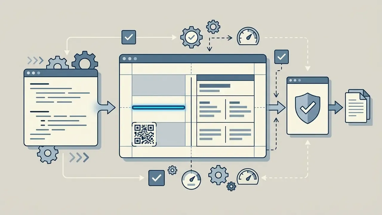Code window feeding into a business card layout with QR code, security shield, and document export icons