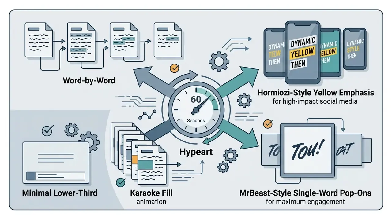 Visual guide comparing various animated subtitle styles for vertical video formats
