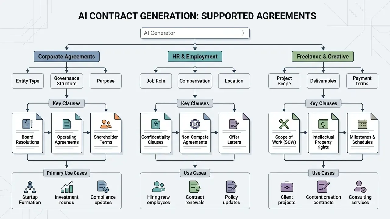 Hierarchical diagram detailing input parameters, key clauses, and use cases for three professional sectors