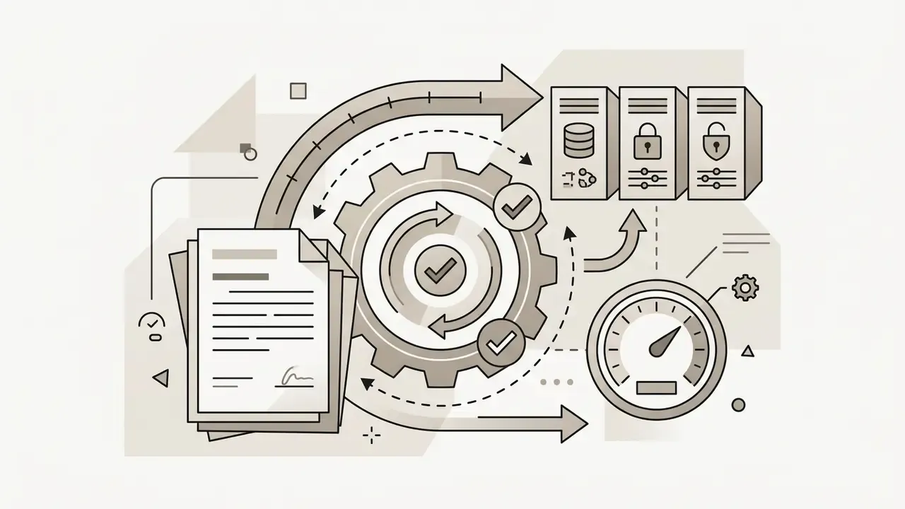 Documents and a central gear icon connecting to server icons and a gauge to represent data processing