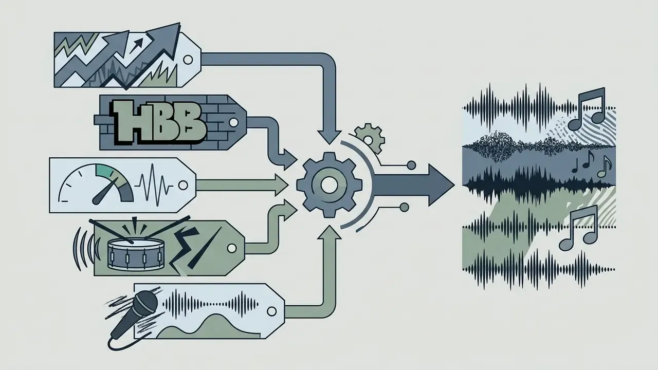 Five style tags with icons feeding into a central gear to generate a multi-layered audio waveform