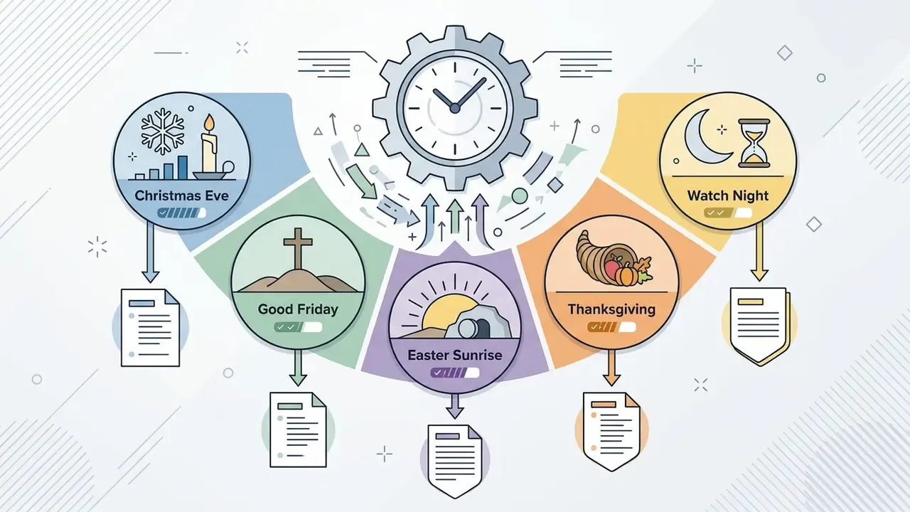 Clock gear linking seasonal holiday icons to generated document outputs