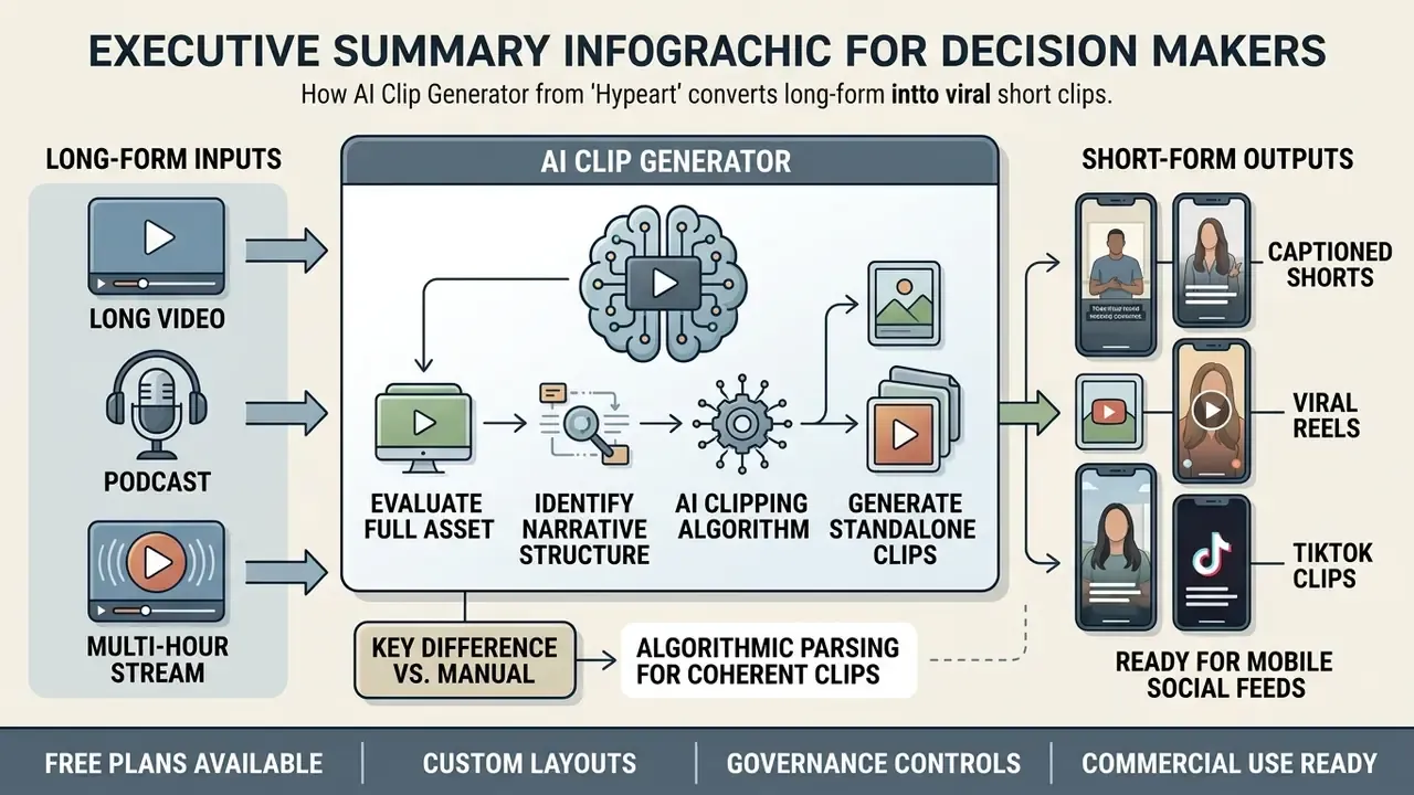 Infographic showing how an AI clip generator processes long video inputs into short social media content