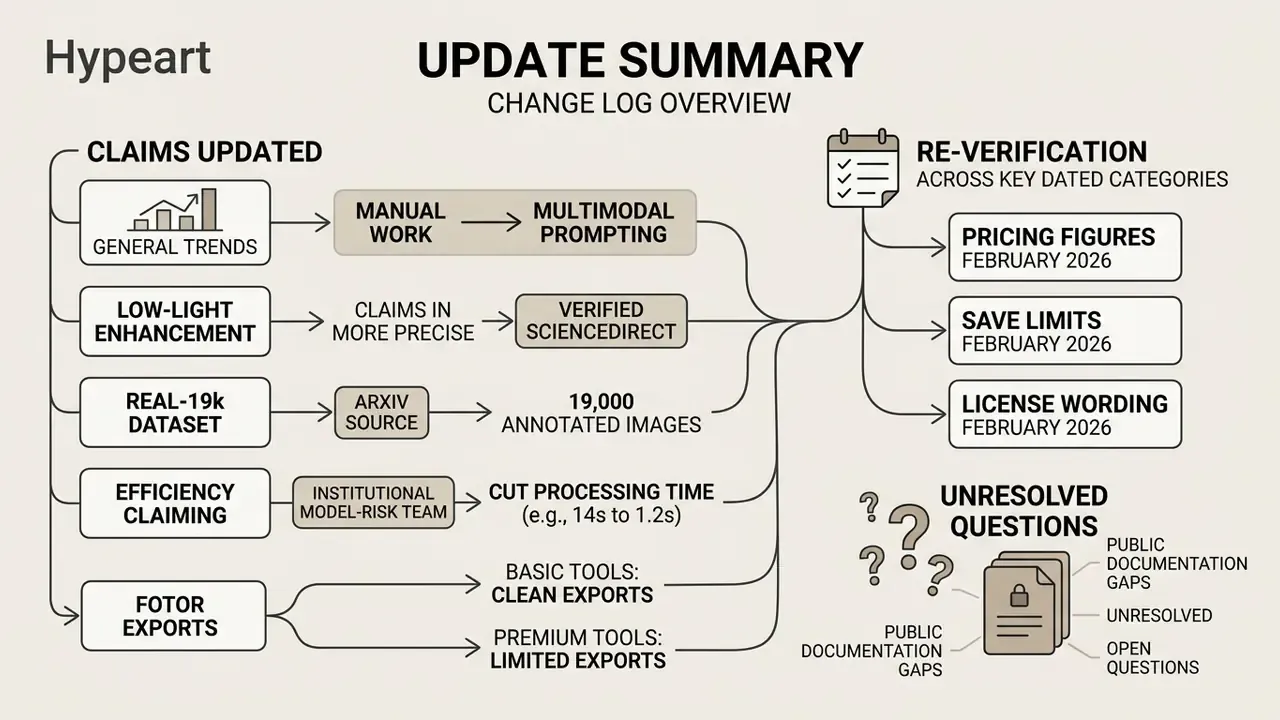 Summary of updates showing revised claims, re-verification categories, and unresolved documentation gaps