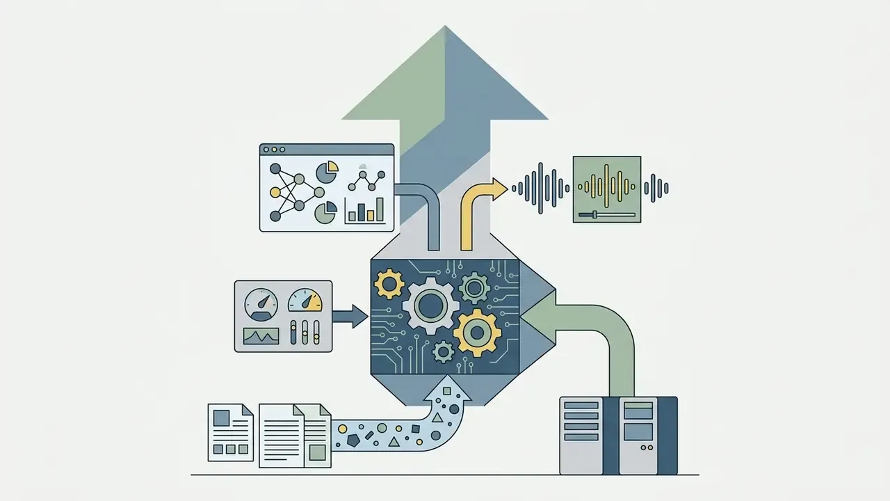 Central gears processing data inputs from documents and analytics into speech and server outputs