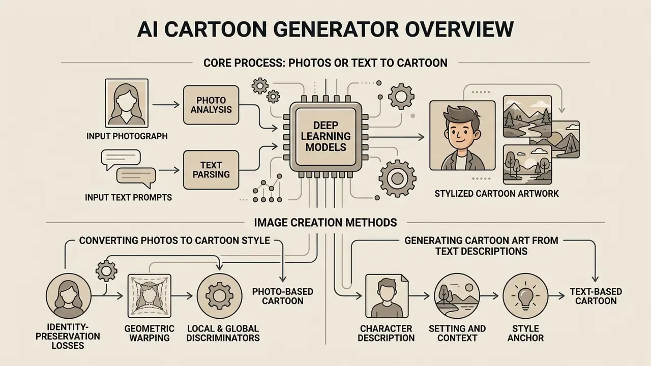 Flowchart showing how an AI cartoon generator processes photos or text prompts into stylized cartoon art