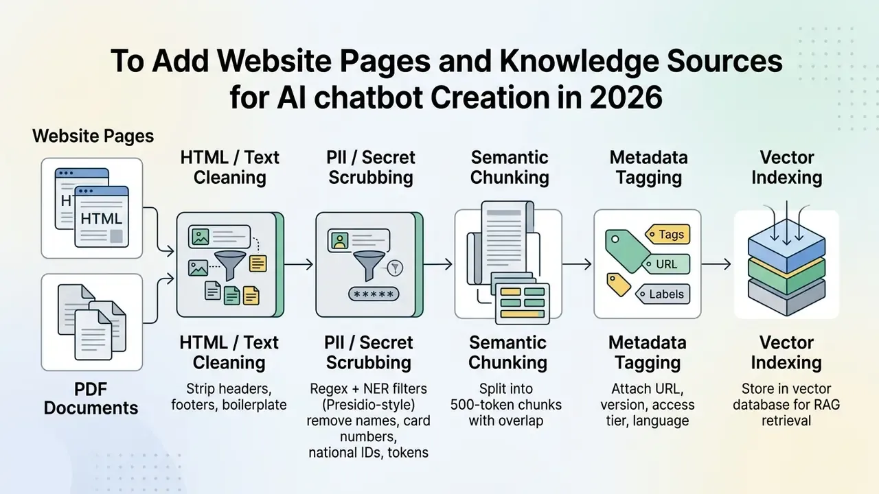Diagram showing the data pipeline from raw website and PDF sources to vector indexing for AI chatbot creation