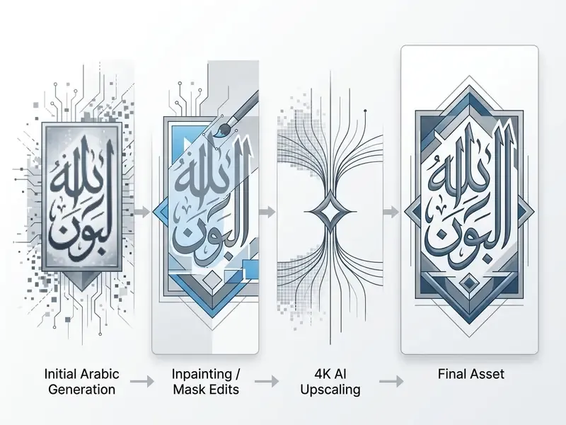 Sequential process showing Arabic calligraphy refinement from initial generation to final AI asset