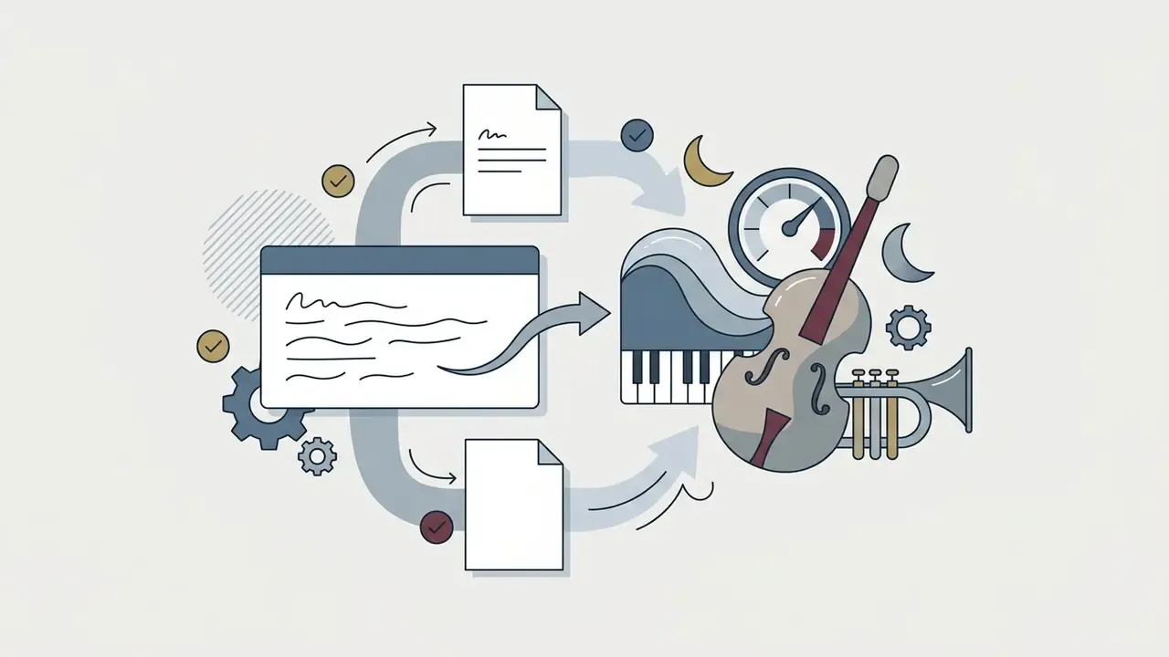 Prompt text flowing into a central processor to generate piano, bass, and trumpet musical elements