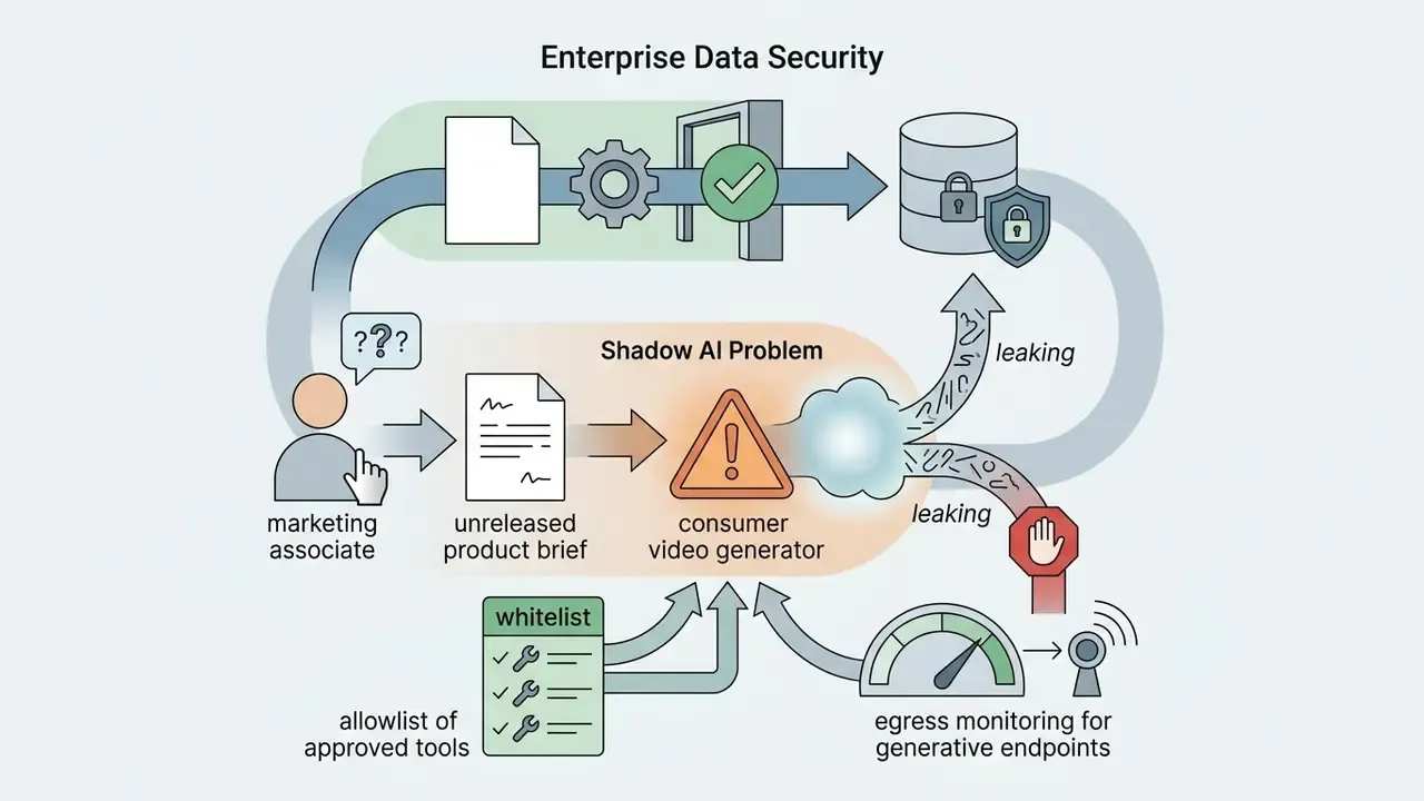 Conceptual diagram showing data security risks from unauthorized consumer AI tool usage in the workplace