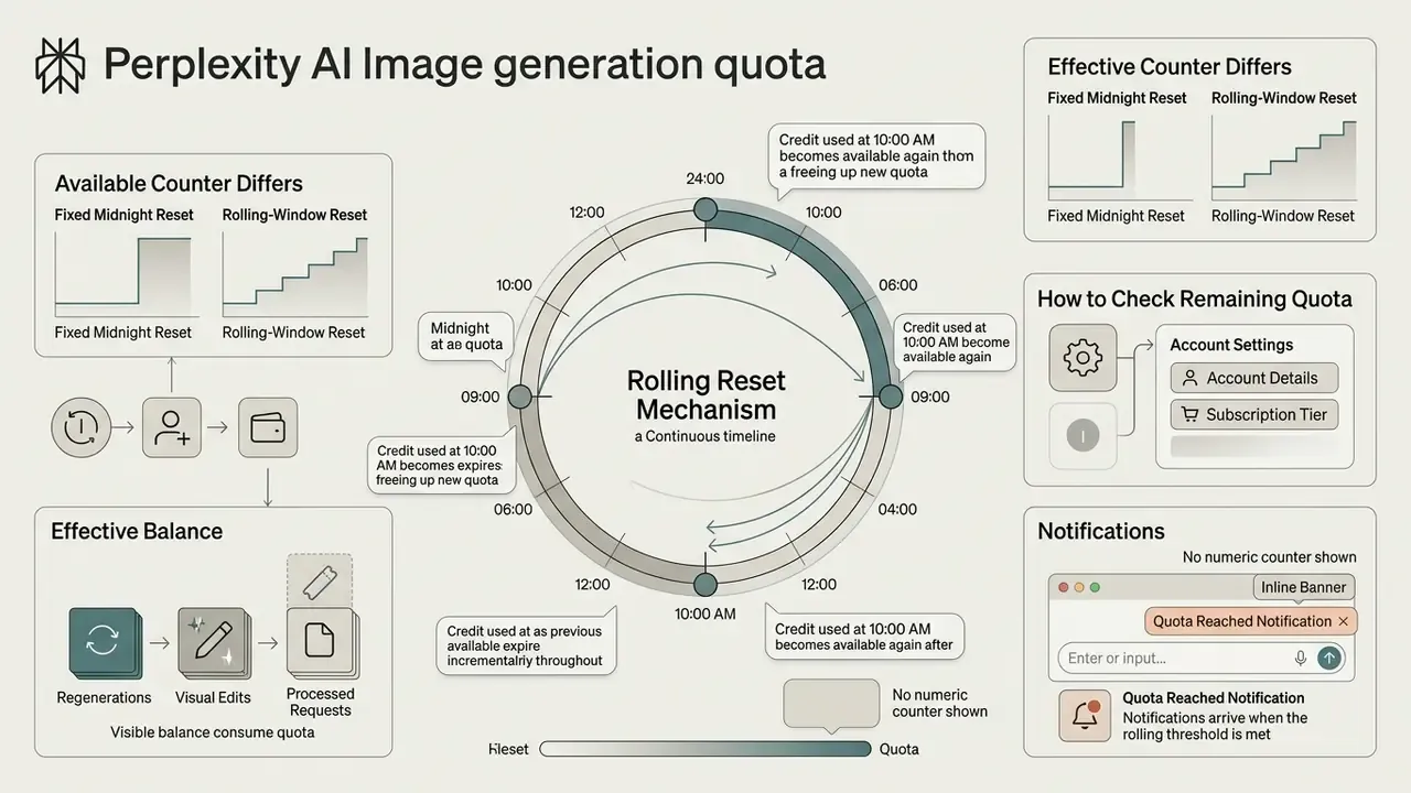 Diagram explaining the rolling-window reset mechanism for Perplexity AI image generation quotas