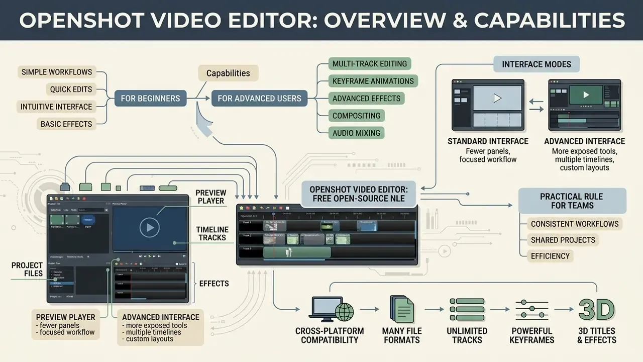 Infographic showing OpenShot Video Editor features, interface modes, and capabilities for various users