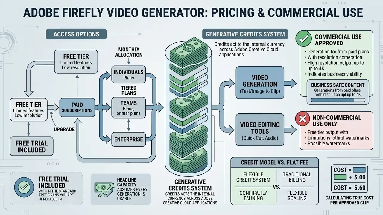 Diagram showing subscription tiers, generative credit allocation, and commercial usage rights for video tools