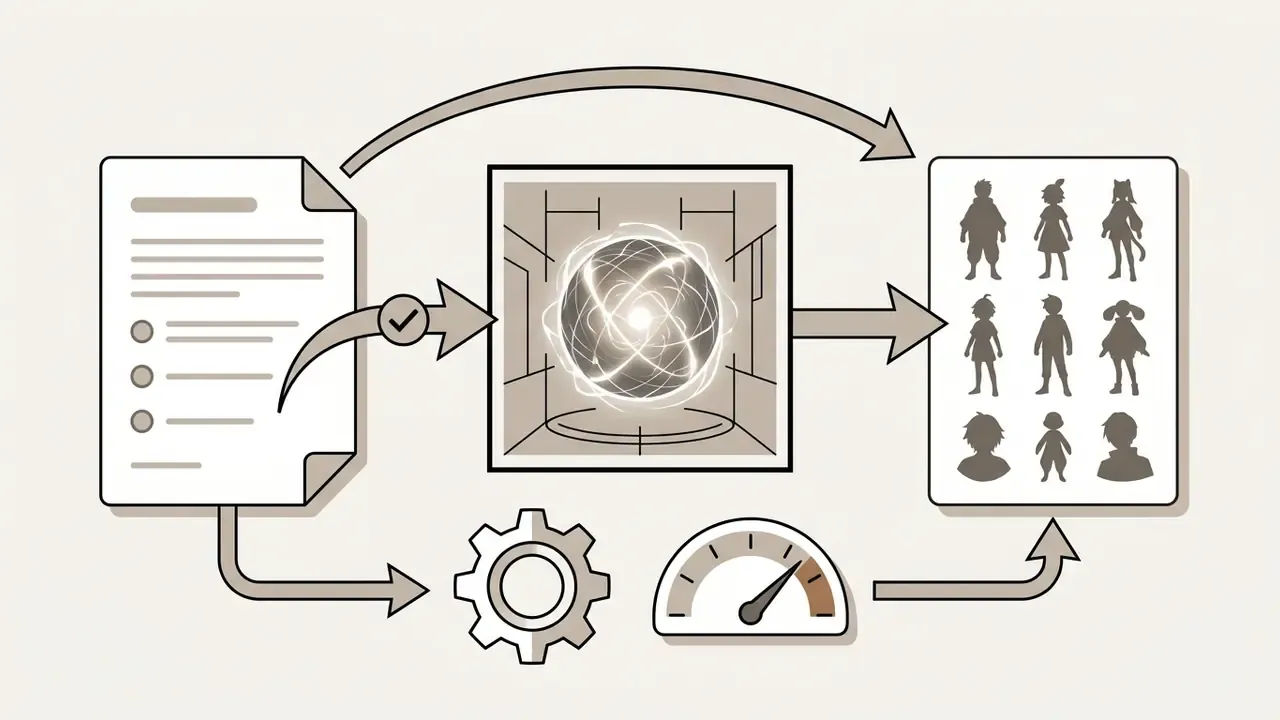 Cycle showing a document, a central energy core, and a character sheet with gear and gauge icons