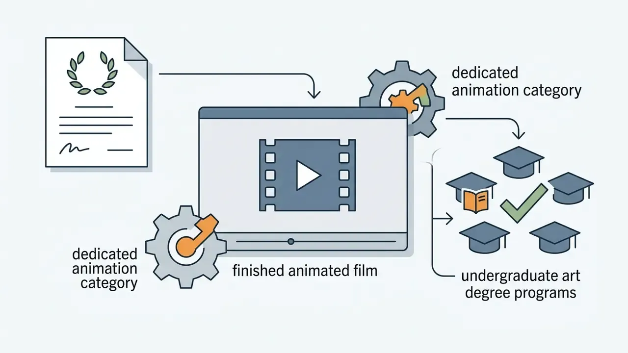 Document and film icons linked by gears to graduation caps representing art degree program requirements