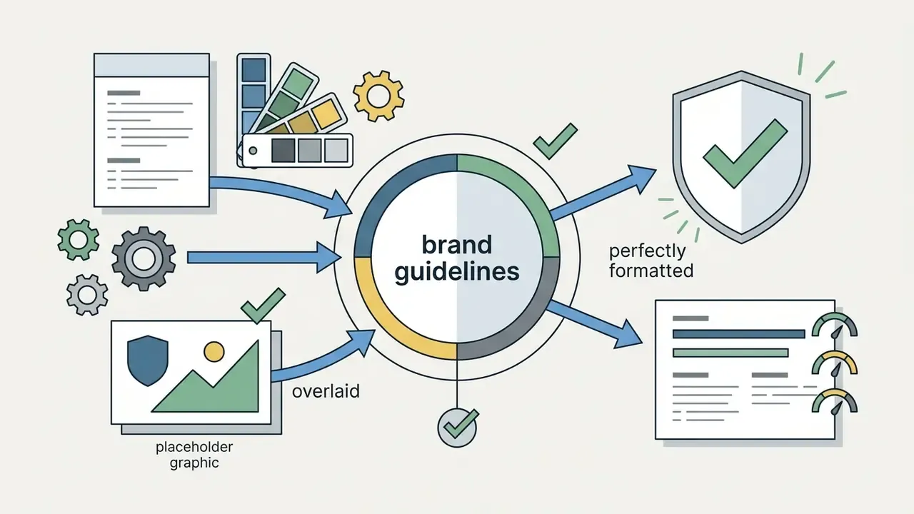 Central circle labeled brand guidelines receiving inputs from color palettes and graphics to produce output