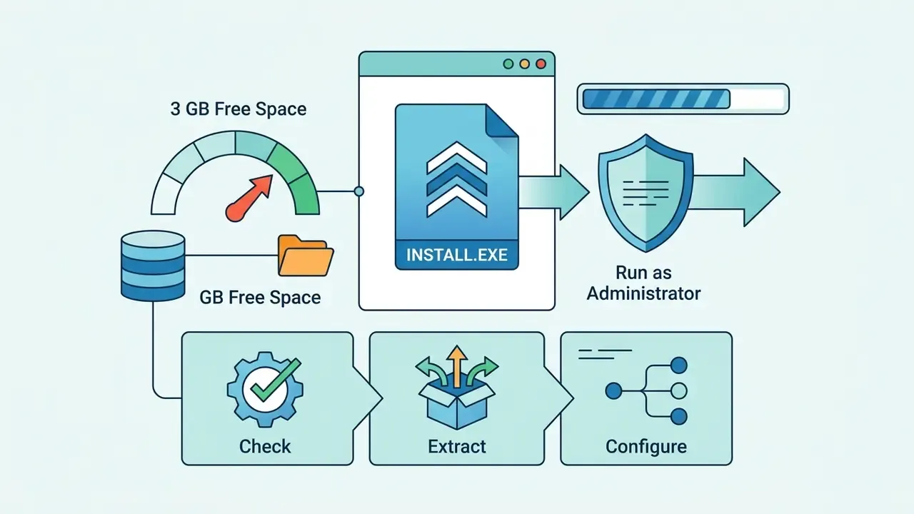 Steps to check disk space, run the installer as administrator, and complete setup tasks