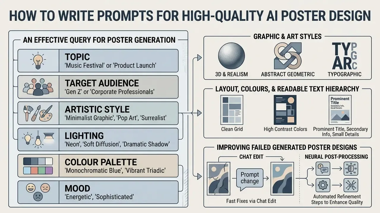 Diagram detailing six prompt components for design generation alongside visual style and editing tips