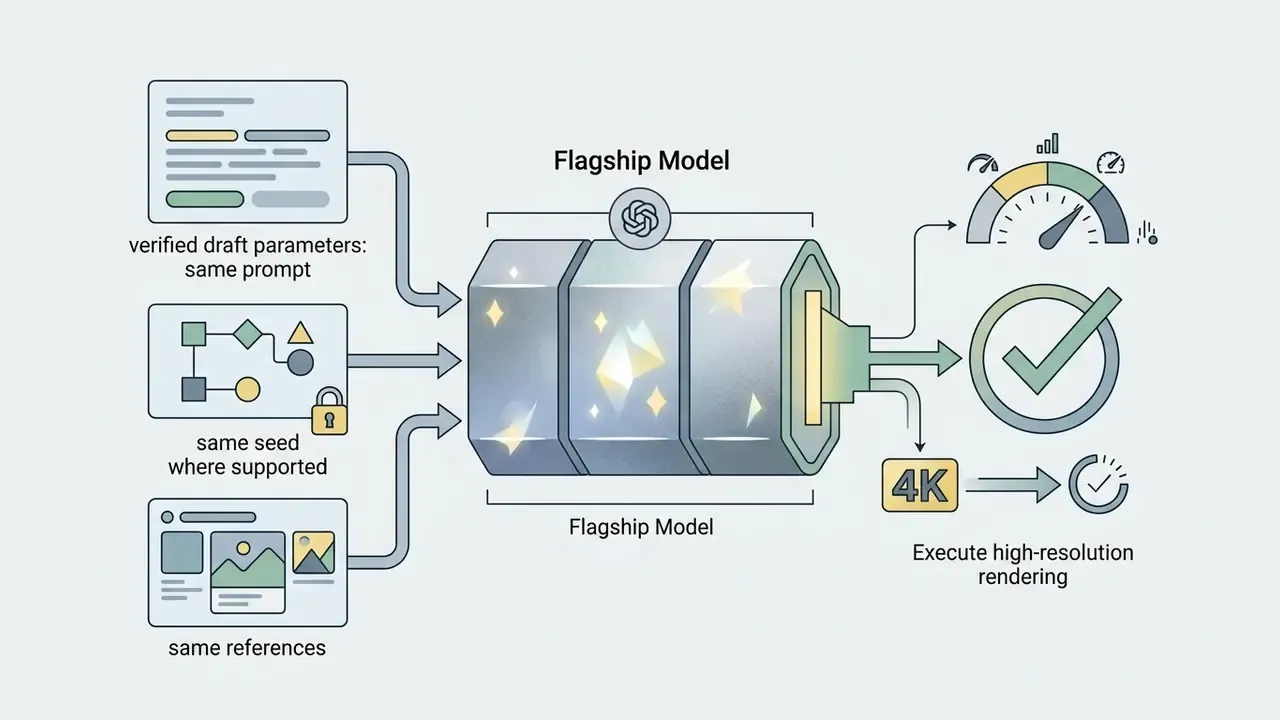 Process flow showing inputs like prompts and seeds feeding into a flagship AI model for 4K video rendering